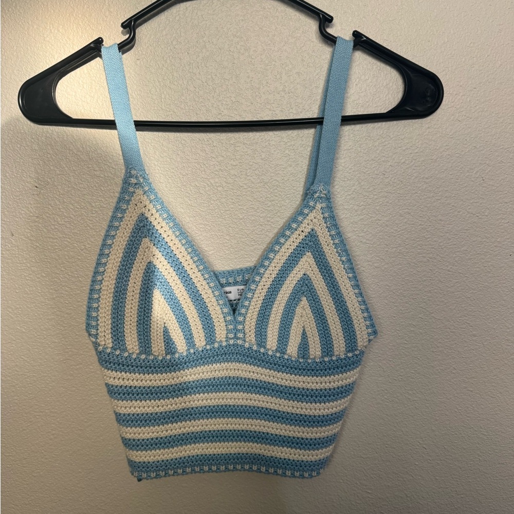 Stradivarius Sky Blue and Cream Crochet Top